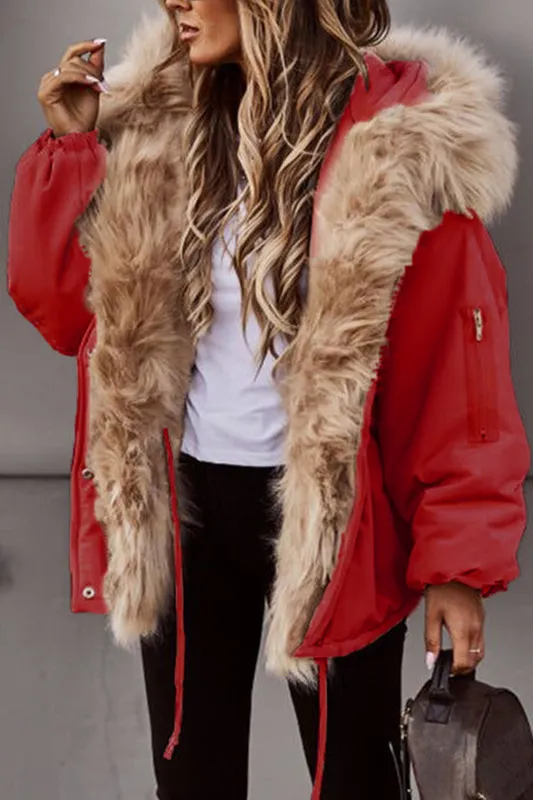 New Women’s Short Puffy Canvas Jacket with Faux Fur Trimmed Hood