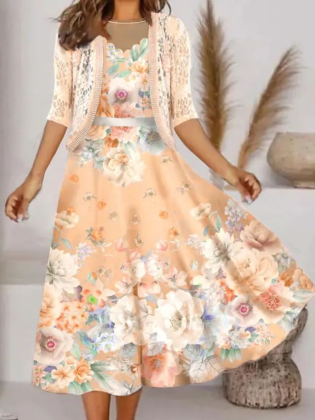 Women's Dress Set Two Piece Dress A Line Dress Midi Dress Pink Half Sleeve Floral Lace Summer Spring Crew Neck Stylish 2023 S M L XL XXL 3XL 4XL 5XL