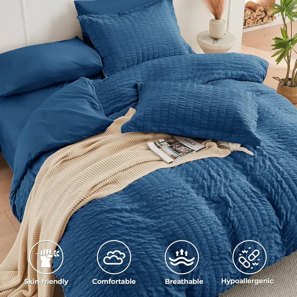 Queen Comforter Set Seersucker 7 Pieces, All Season Luxury Bed in a Bag for Bedroom, Bedding Set with Comforters, Sheets, Pillowcases & Shams, Dark Grey