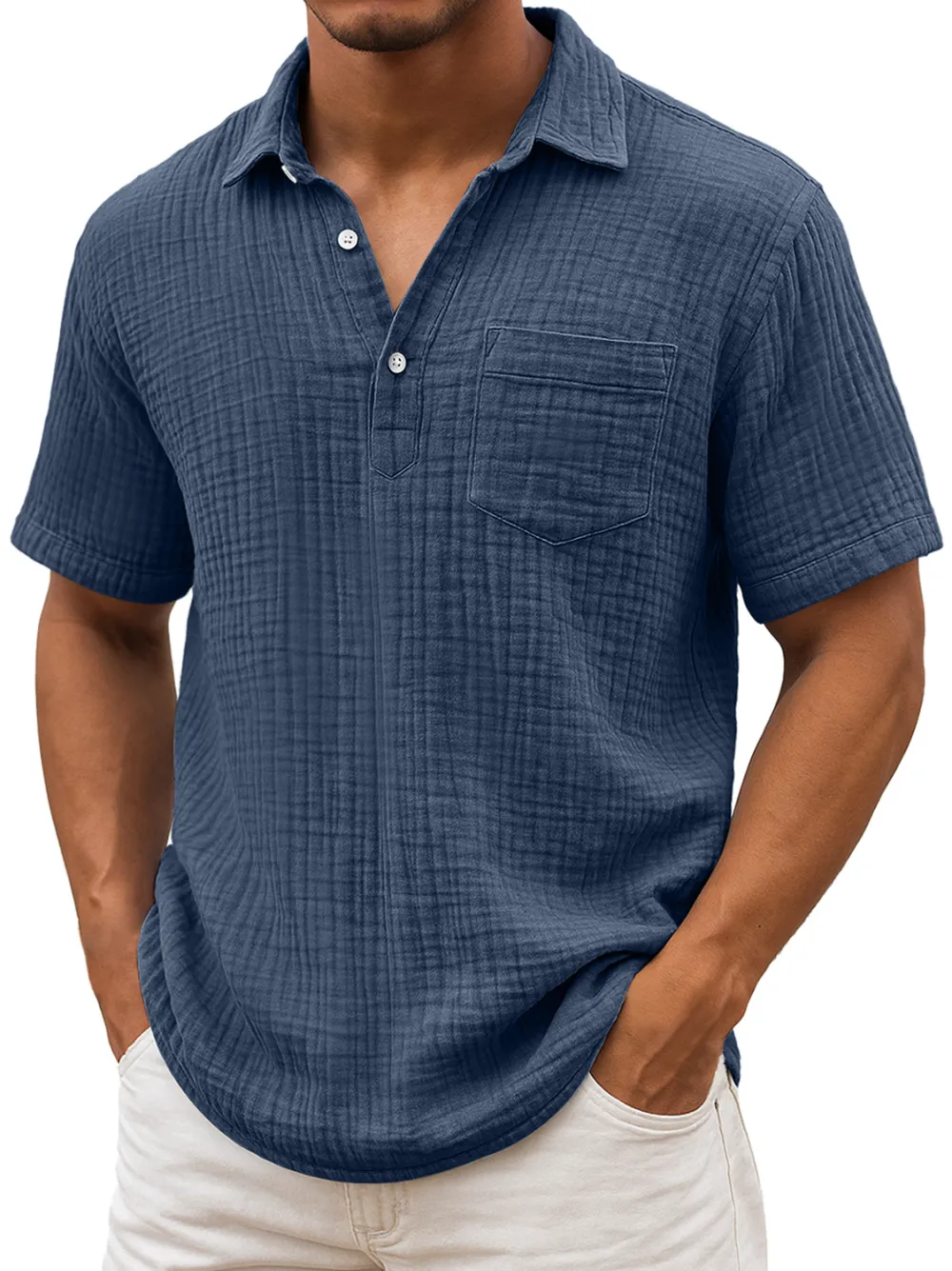 Men's Daily Pleated Texture Lapel Casual Pocket Comfortable Short Sleeve POLO Shirt