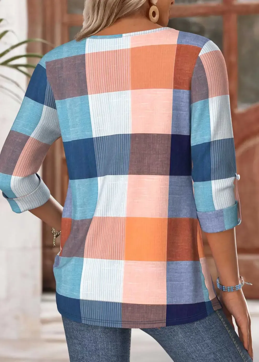 Multi Color Tummy Coverage Plaid Long Sleeve T Shirt