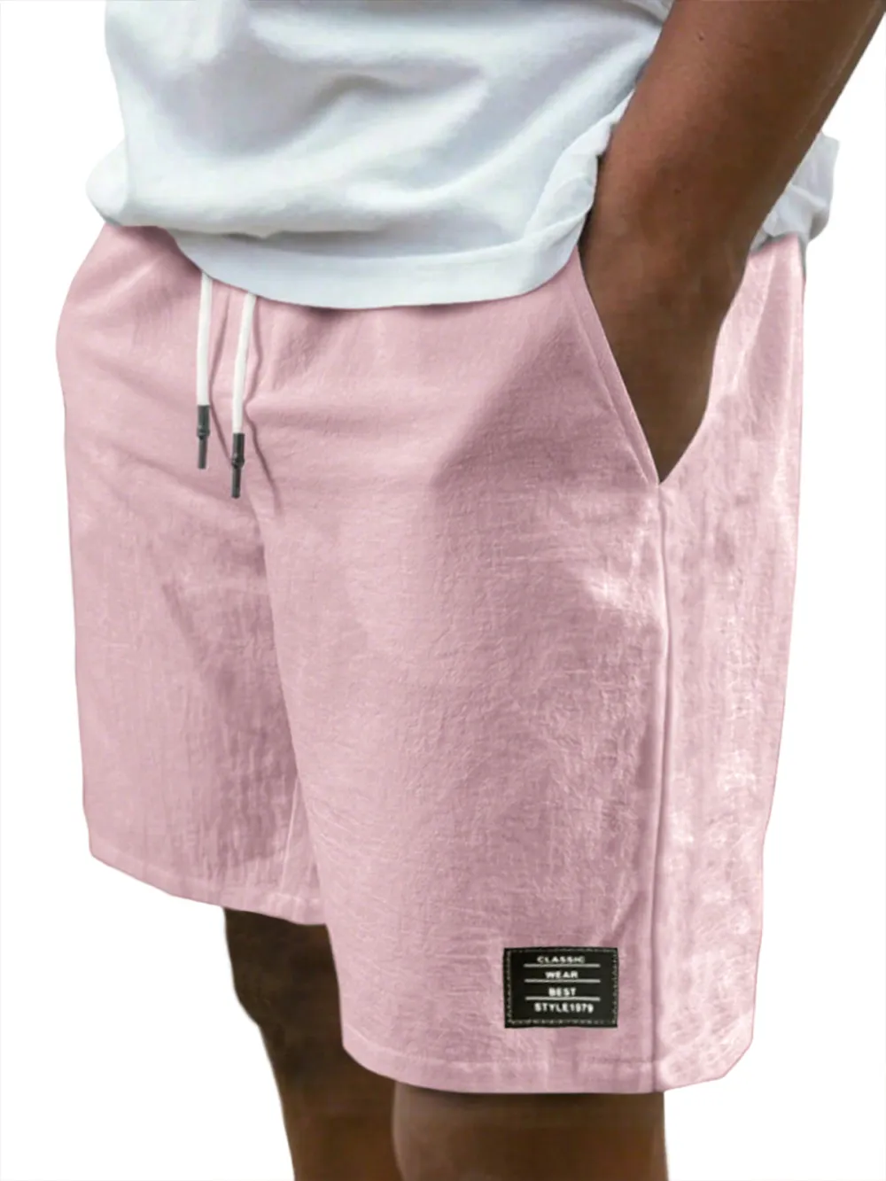 Men's Breathable Linen Beach Lace-Up Everyday Shorts with Simple Embroidered Label