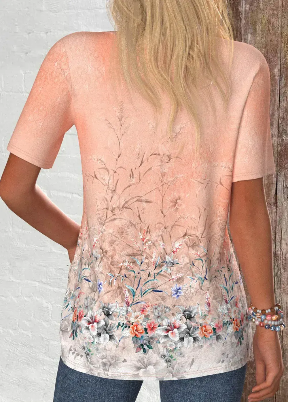 Dusty Pink Button Floral Print Short Sleeve T Shirt