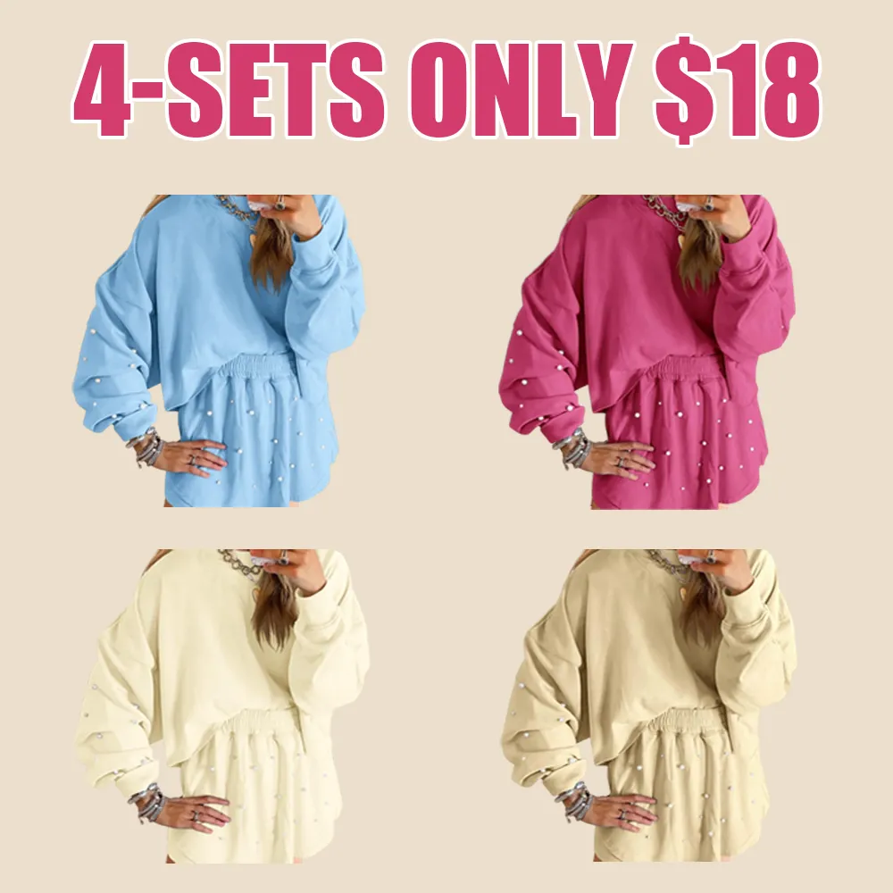 Women's Pearl-Decor Long Sleeve Sweatshirt & Loose Mini Skort 2-Piece Casual Fall Set.