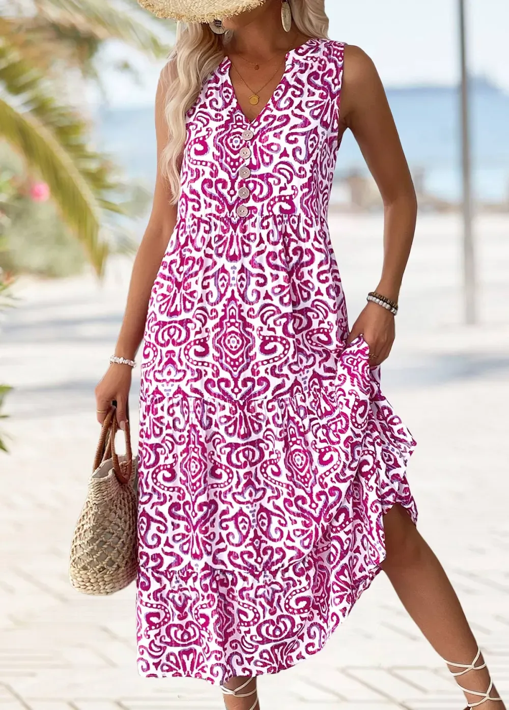 Hot Pink Tribal Print Maxi Sleeveless Split Neck Dress