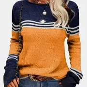 Color Block Boat Neck Knitted Top, Casual Long Sleeve Pullover Sweater For Fall & Winter, Women's Clothing