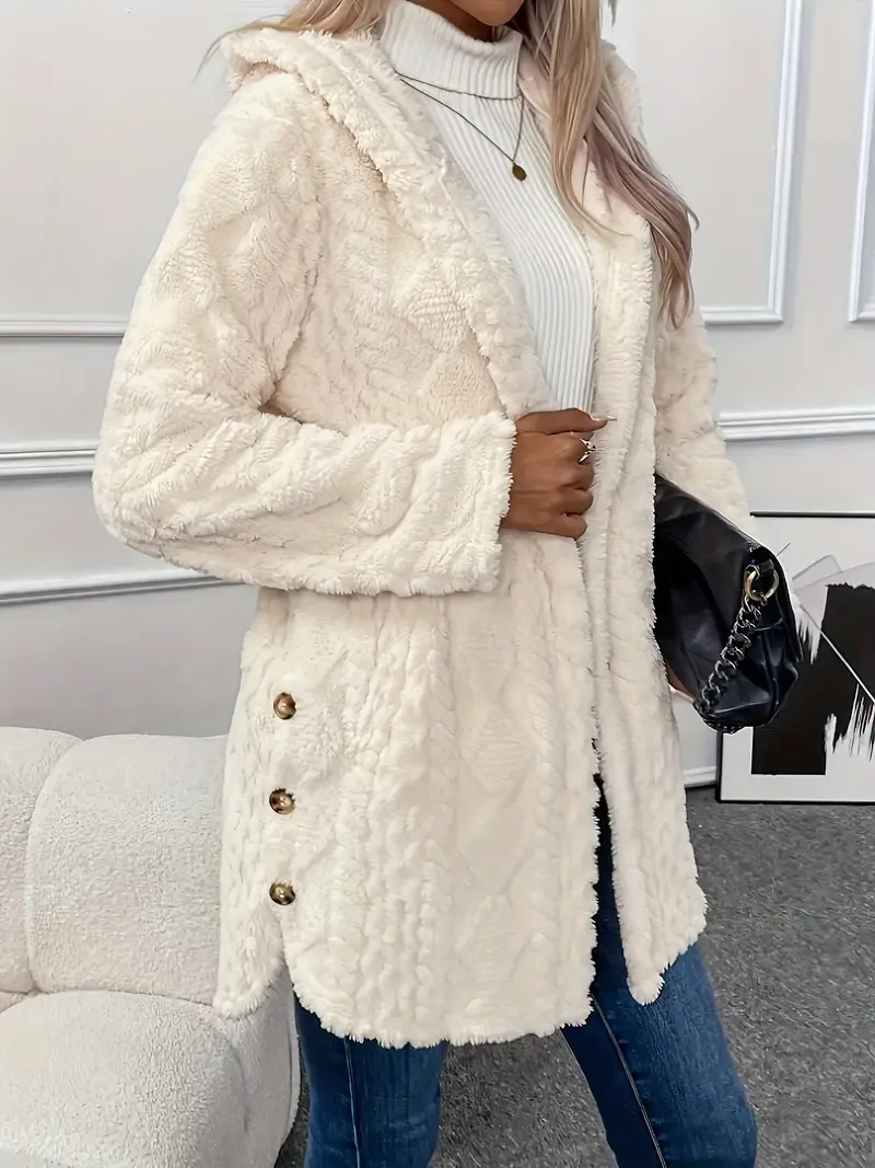Luxurious Faux Fur Teddy Coat - Elegant Long Sleeve Split Side Hooded Outwear for Women - Soft, Warm, and Chic Winter Clothing