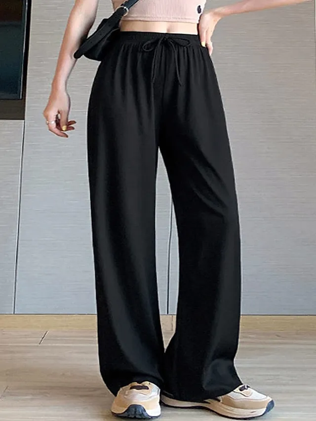 Women's Wide Leg Chinos Baggy Mid Waist Full Length Black Summer