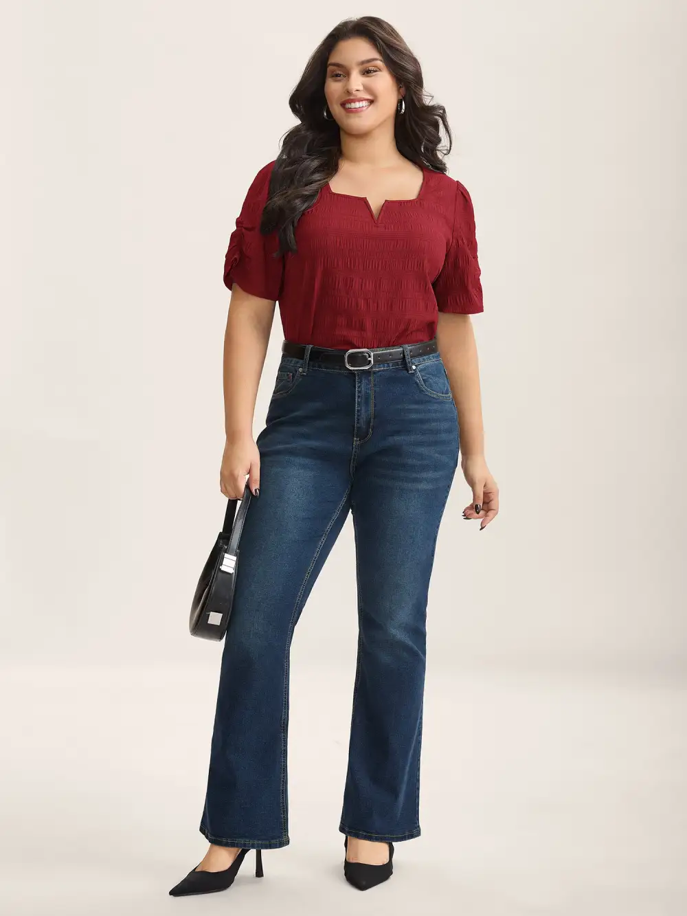 Textured Gathered Sleeve Split Neck Blouse