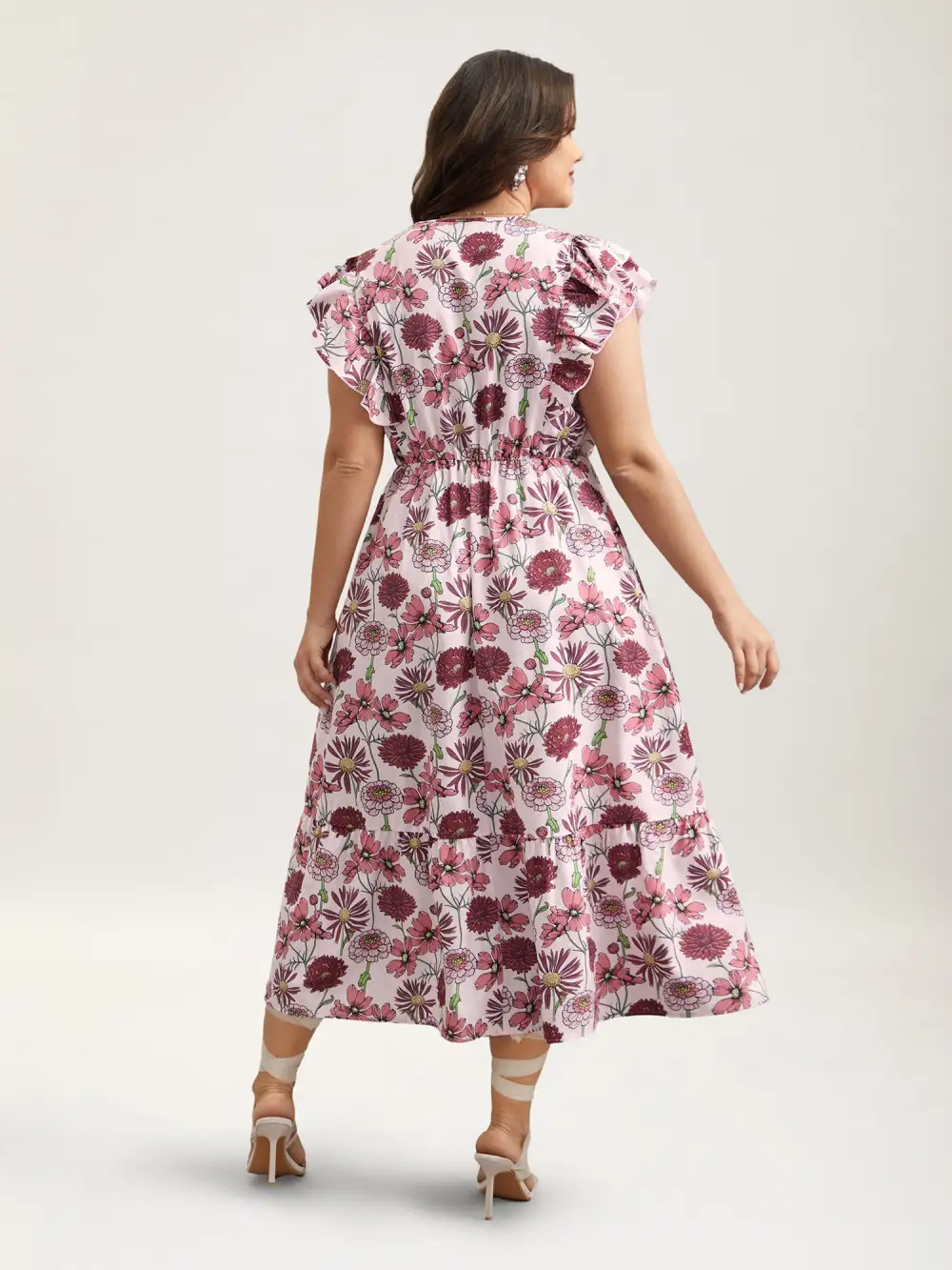 Ruffled Floral Print Stretchy-Waist Midi Dress