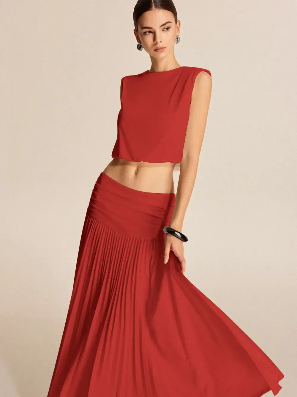 Shoulder-Padded Pleated Skirt Set