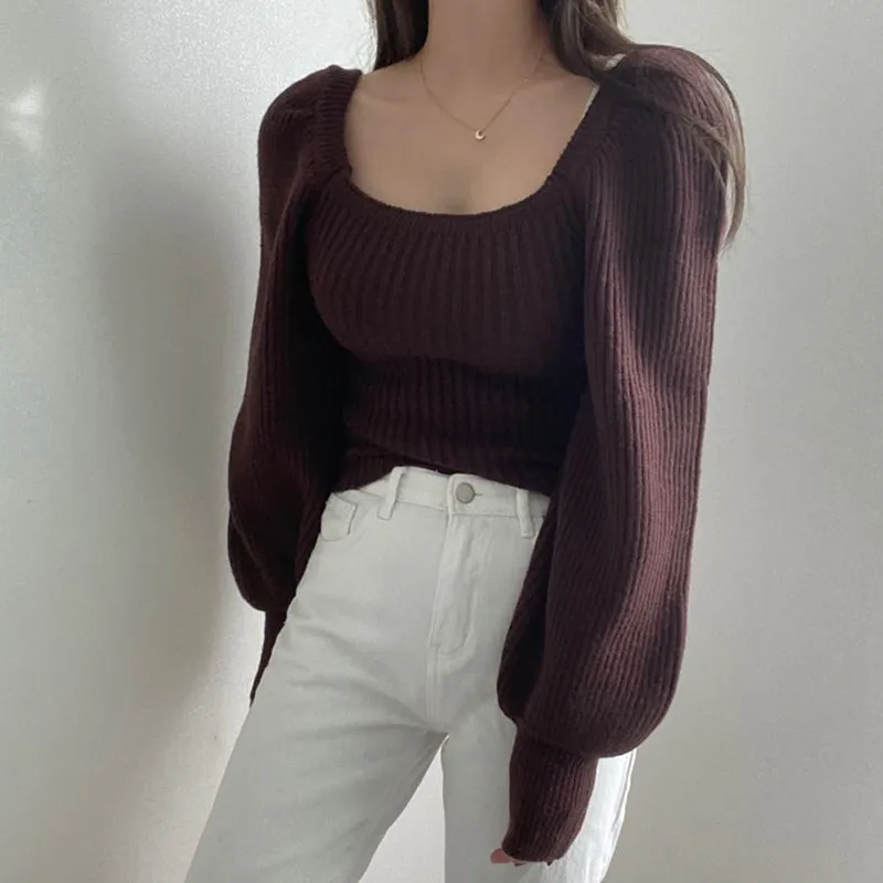 Plain Knit Top With Square Collar And Bubble Sleeves