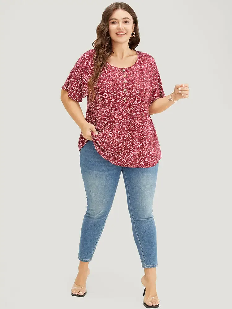 Ditsy Floral Pleated Front Button Detail Blouse
