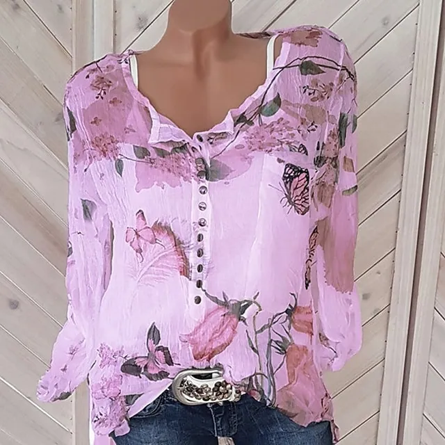Women's Shirt Blouse Floral Button Print Daily Going out Weekend Streetwear Holiday Casual Long Sleeve Shirt Collar White Summer Spring