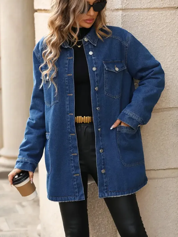 Long Sleeve Solid Color Elegant Denim Bomber Jacket with Fleece Lined Lapel, Button Closure, and Flap Pockets for Warmth