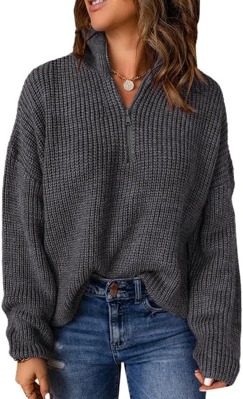 Womens Sweaters Long Sleeve 1/4 Zip Pullover Polo V Neck Dressy Casual Tops