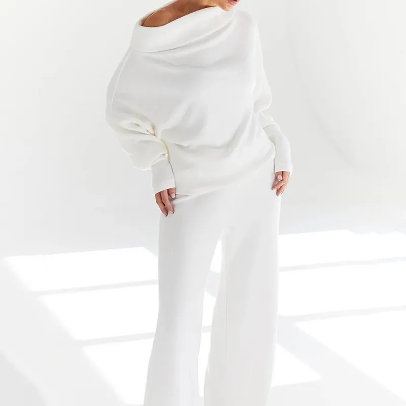 Solid Color One Shoulder Knitted Two Pieces Set