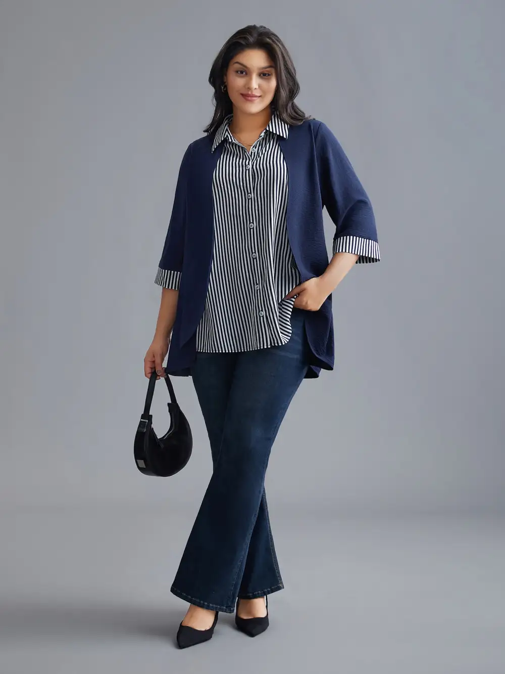 Shirt Collar Patchwork Striped Blouse