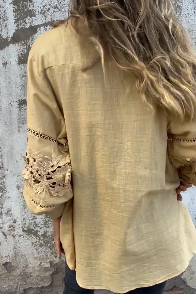 Women's Cotton And Linen Hollow Flower Pattern Shirt