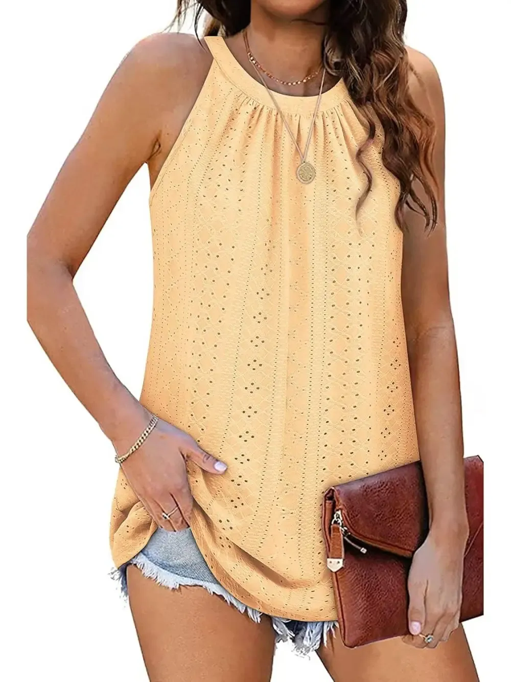 ✨Women Casual Pleated Eyelet Loose Fit High Neck Sleeveless Halter Tank Tops