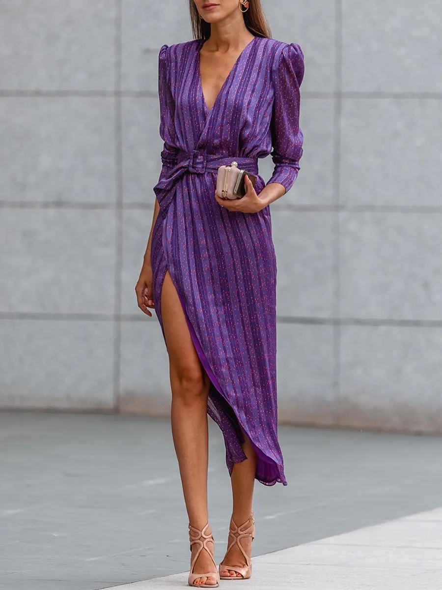 Elegant Stripe Long Sleeve Midi Dress