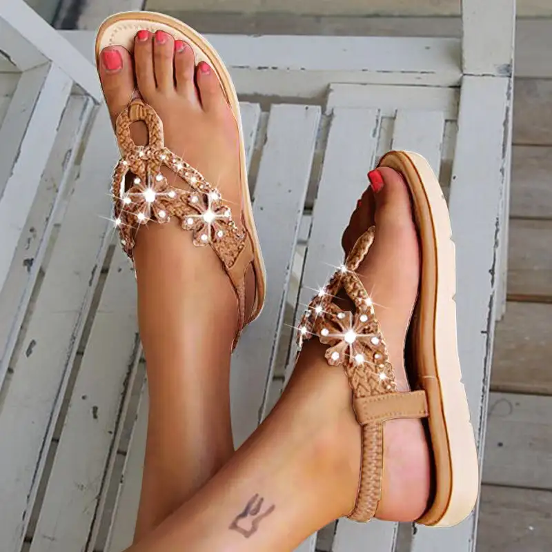 Bohemia style woman shoes string bead platform  Flat Sandals