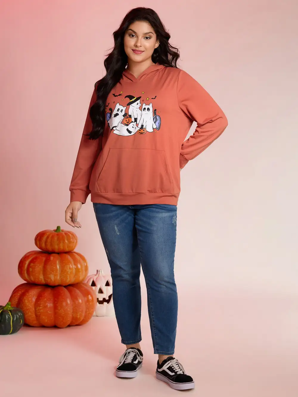 Halloween Ghost Print Solid Hoodie