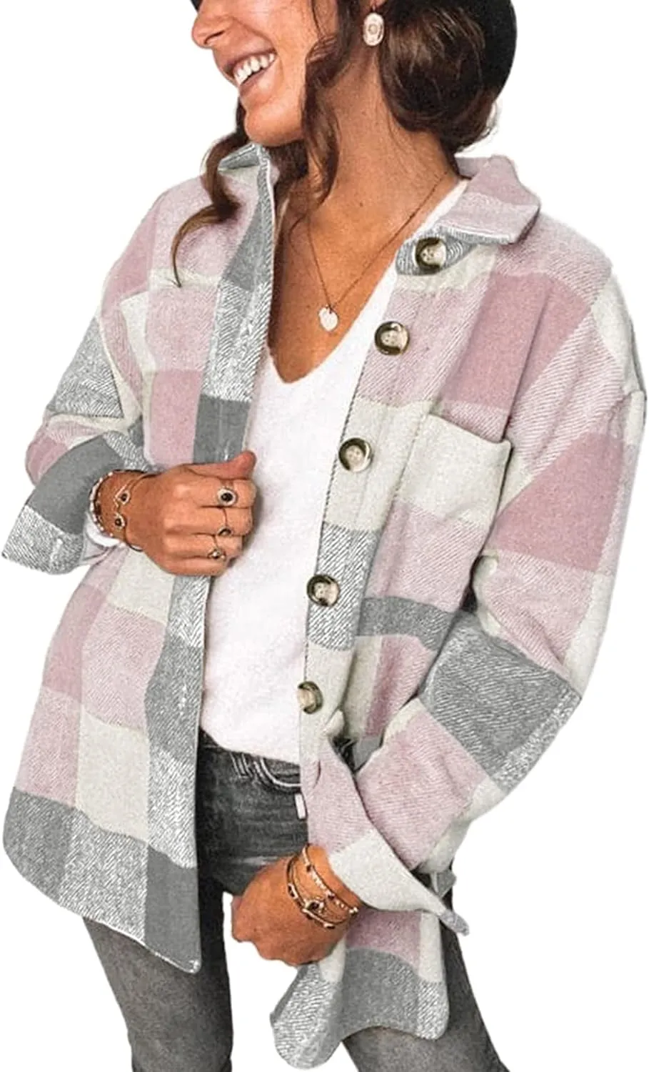 Womens Fall Outfits Fashion Clothes Shackets Flannel Plaid Button Down Long Sleeve Shirts Jackets 2024
