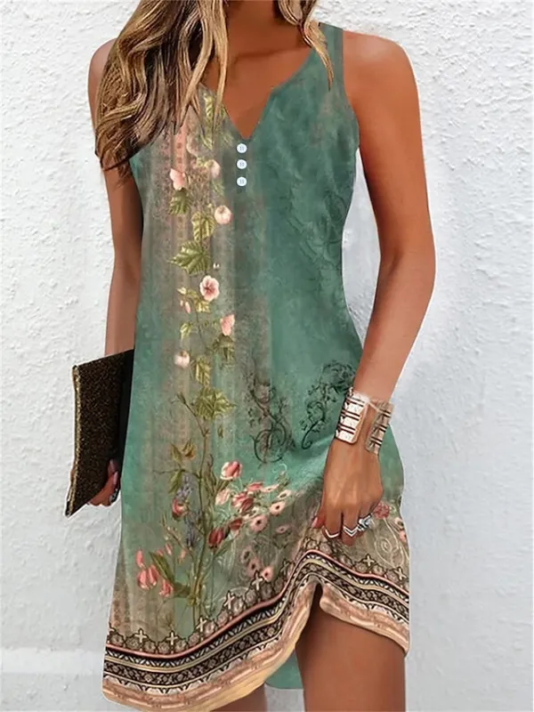 Women's Casual Dress Shift Dress Tank Dress Floral Button Print V Neck Mini Dress