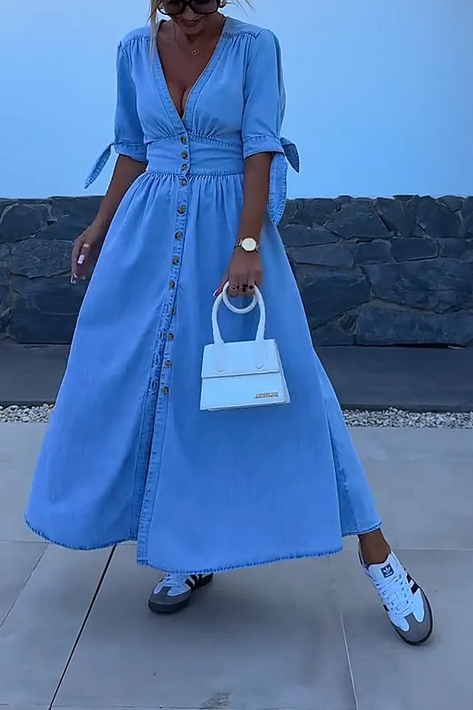 V-neck denim casual dress