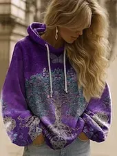 Women's Pullover Hoodie Sweatshirt Floral Graphic Elegant Warm Active Long Sleeve Hooded Regular Tops Street Dailywear Casual Patchwork Print Yellow Pink Blue Light Purple Purple Spring Fall Winter