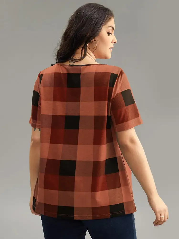 Plaid Round Neck Gathered T-Shirt