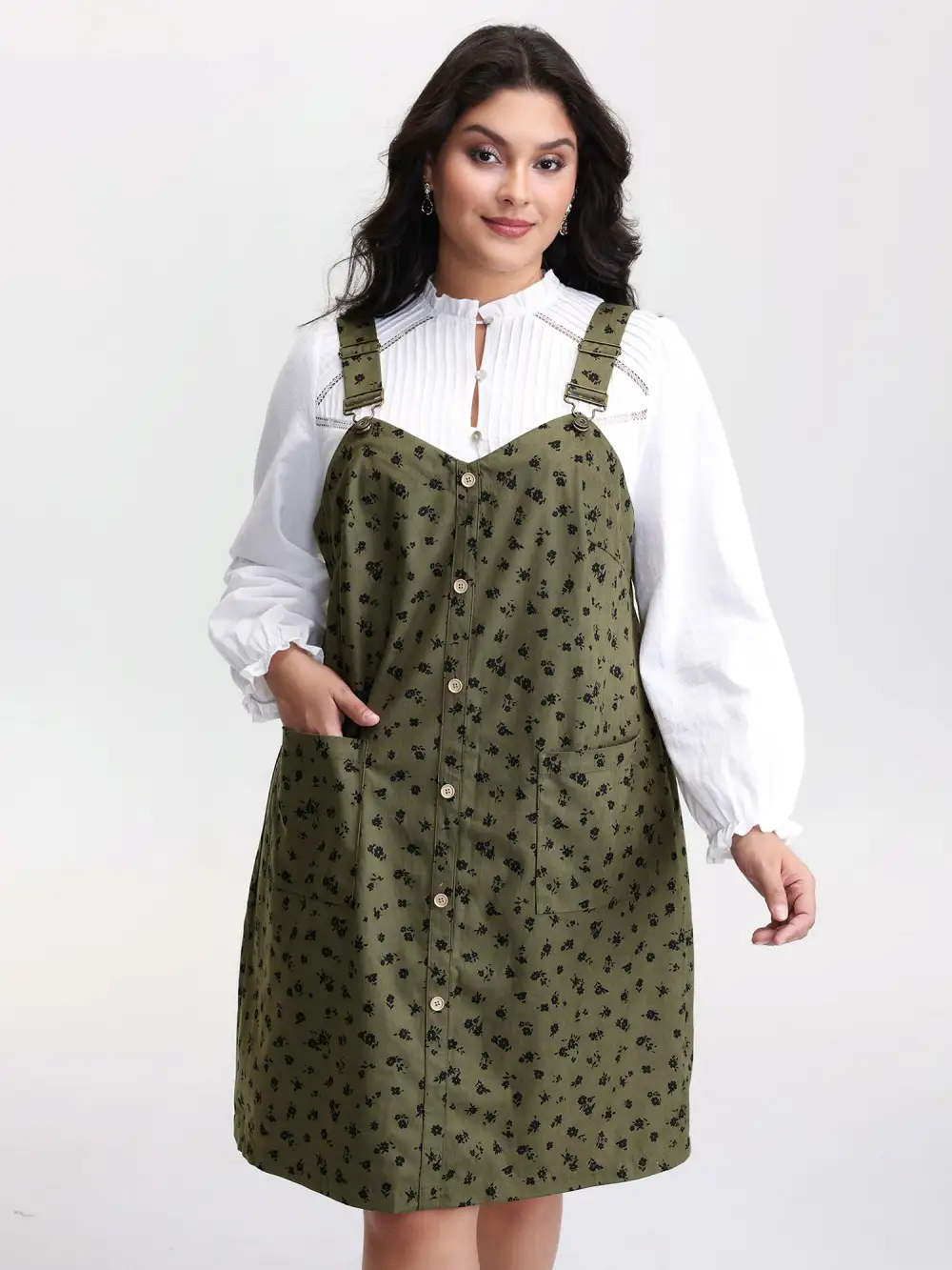 Floral Print Textured Overall Adjustable Midi Dress