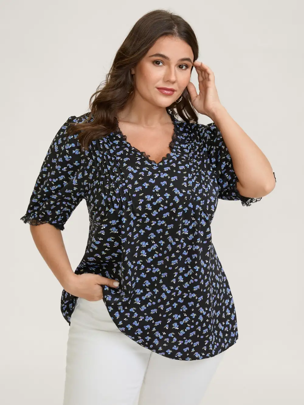 Ditsy Floral Print Lace Trim Blouse