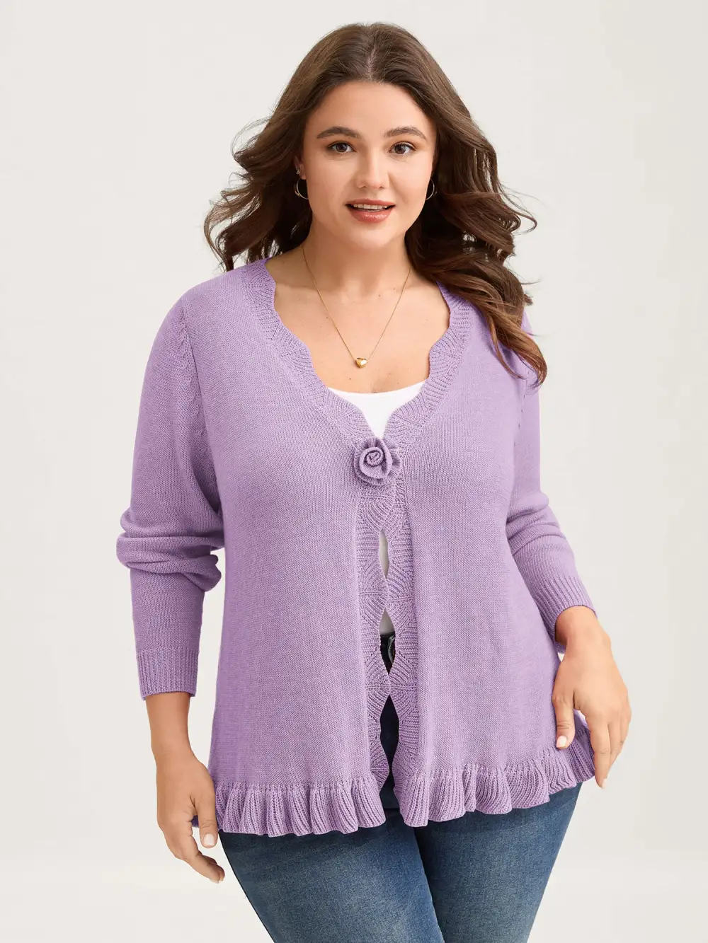 Supersoft Textured Floral Button Ruffled Hem Knit Cardigan