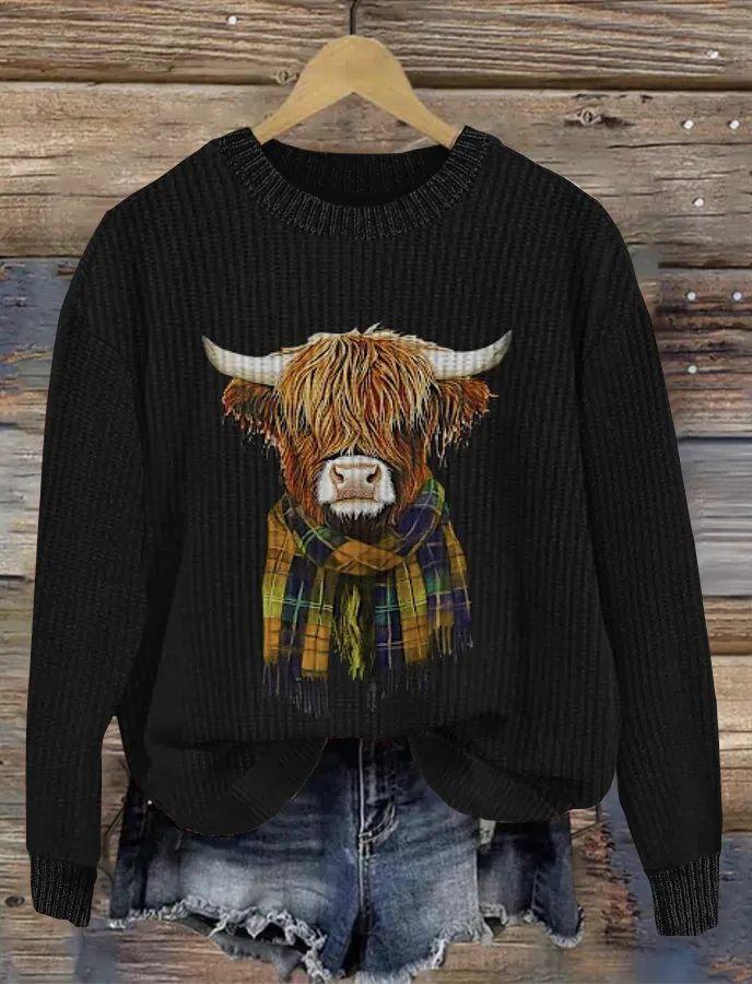 Scottish Cute Little Cow Round Neck Sweater