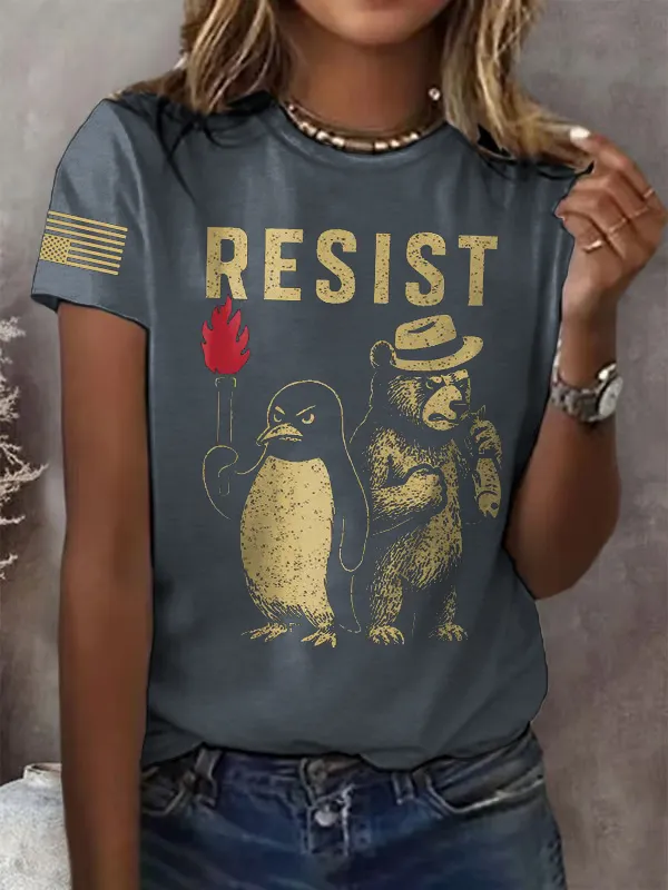 Women'S T-Shirt Vintage Bear And Penguin Anti-Print T-Shirt Pure Cotton Round Neck Short Sleeve