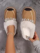 Women's Faux Fur Lined Rhinestone Slippers, Warm Plush Non-Slip Indoor Shoes, Elegant Winter House Footwear for Holiday Comfort