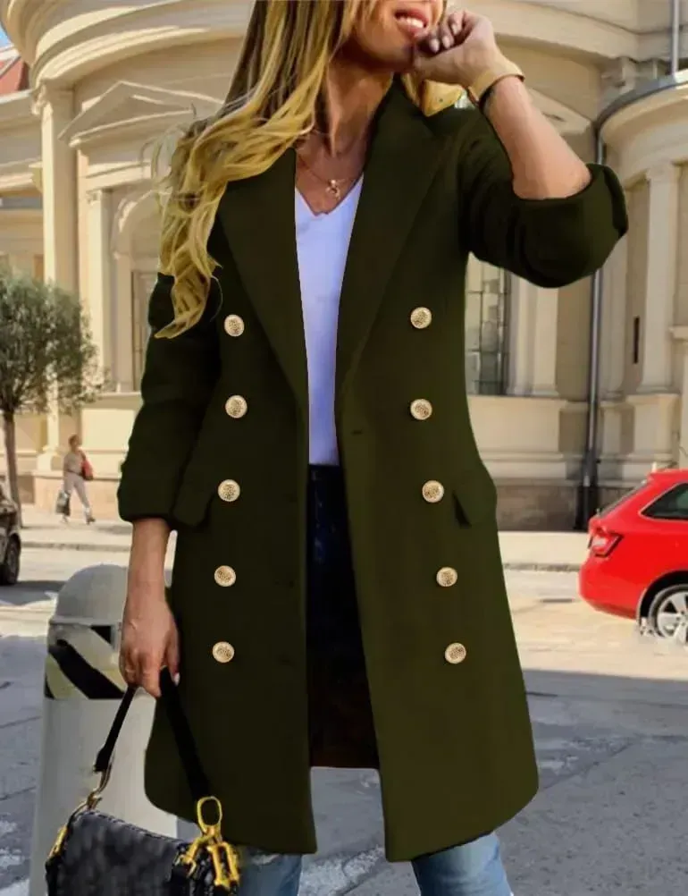 Womens Fall Winter Wool Coats Double Breasted Midi Peacoat Trench Coats