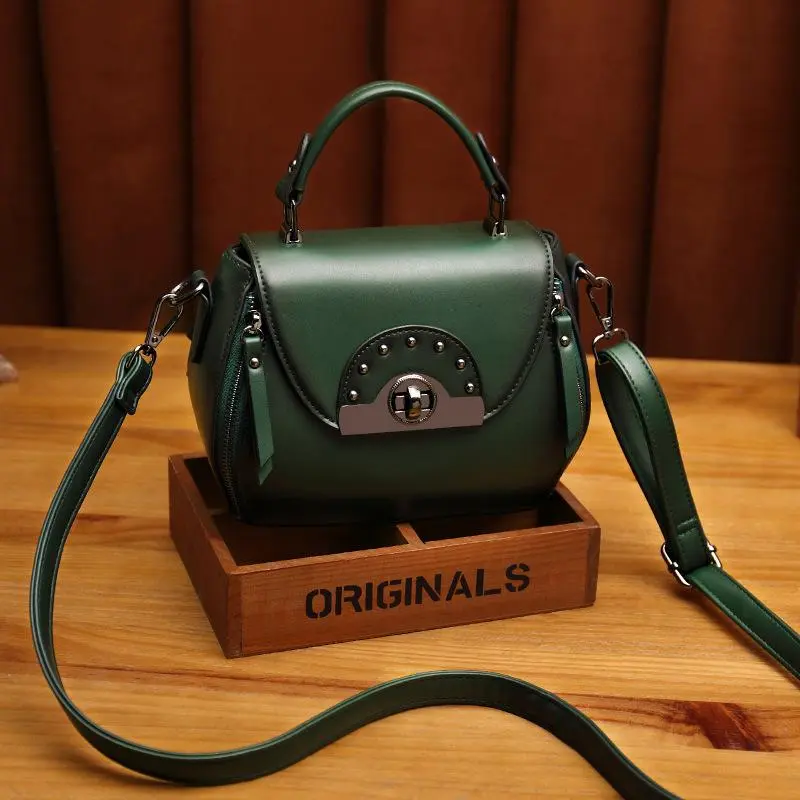 Leather Vintage Leather one shoulder portable diagonal span bag rivet saddle bag