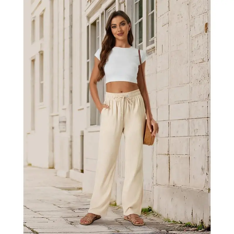 Women’s High Waist Linen Drawstring Pants – Casual Loose Fit with Pockets