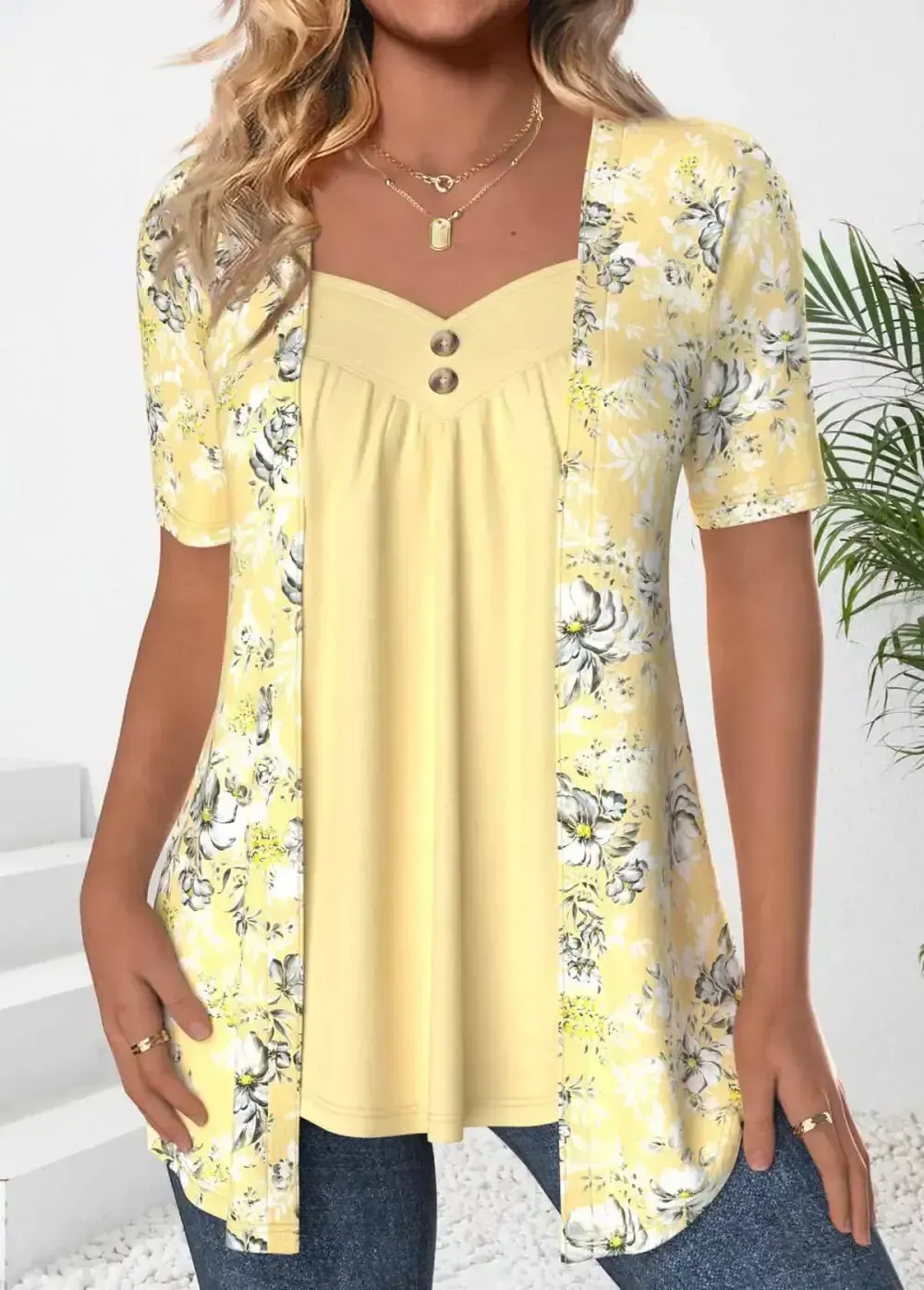 Plus Size Light Yellow Fake Two Piece Twinset