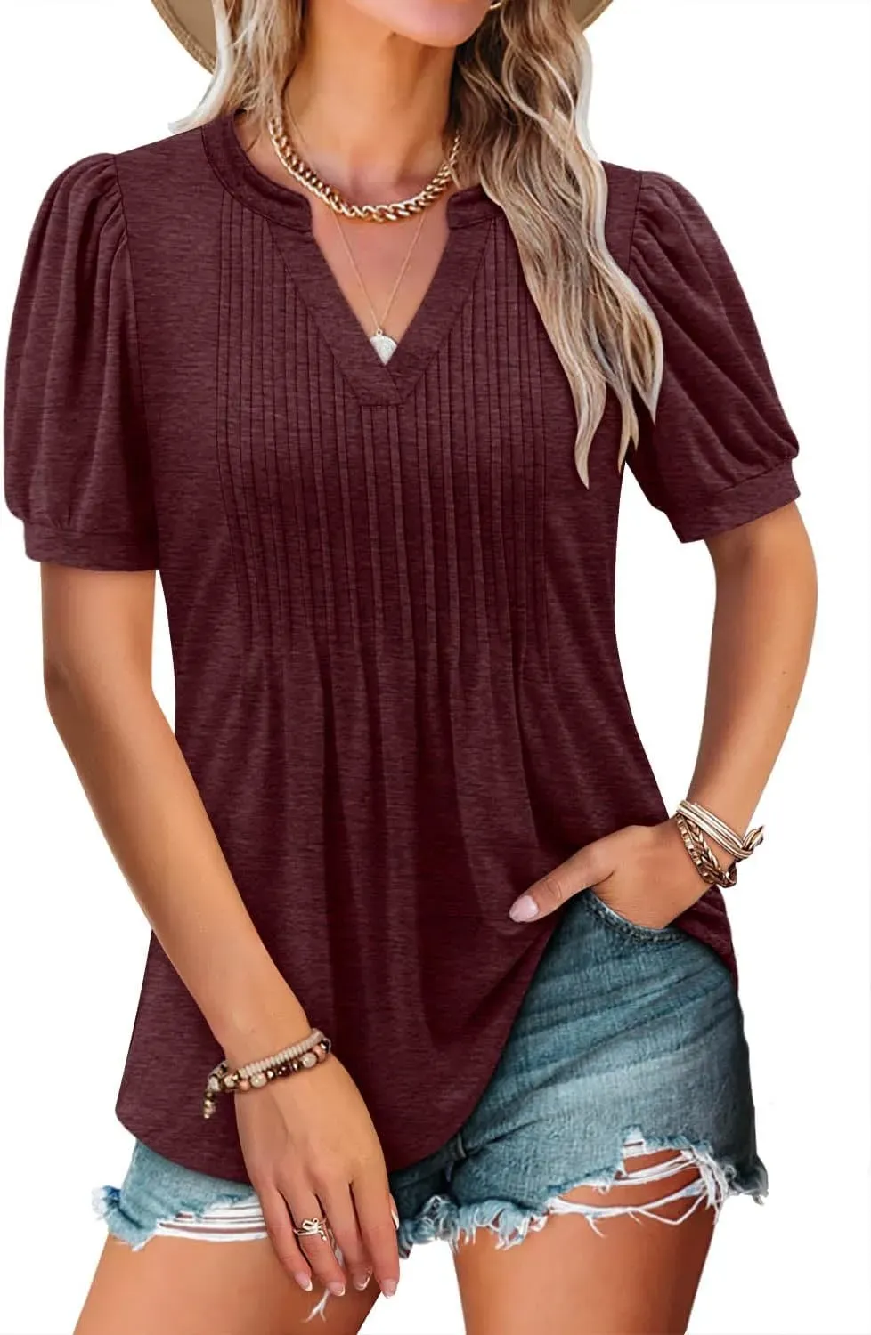 ✨Women's V-neck Loose Pleated Short-sleeved Waist Top