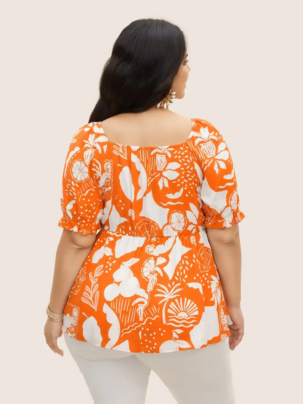 Tropical Print Bowknot Shirred Lantern Sleeve Blouse