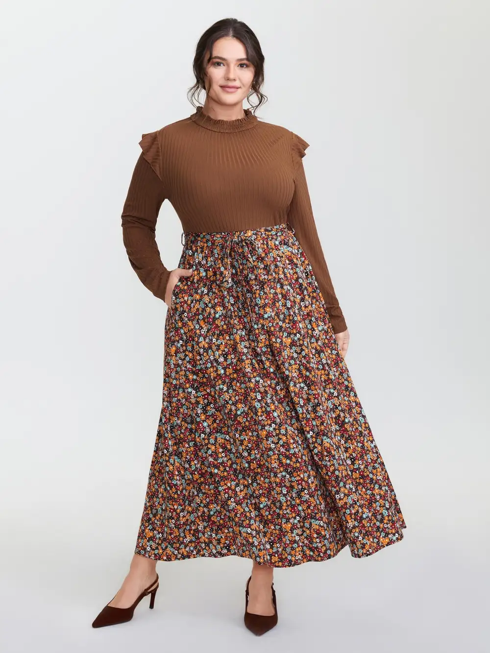 Floral Ruffled Pockets Mock Neck Maxi Dress