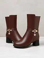 Women's Black Faux Leather Fur-Lined Mid-Calf Winter Boots with Star Charm and Block Heels – Elegant and Warm Footwear for Cold Weather