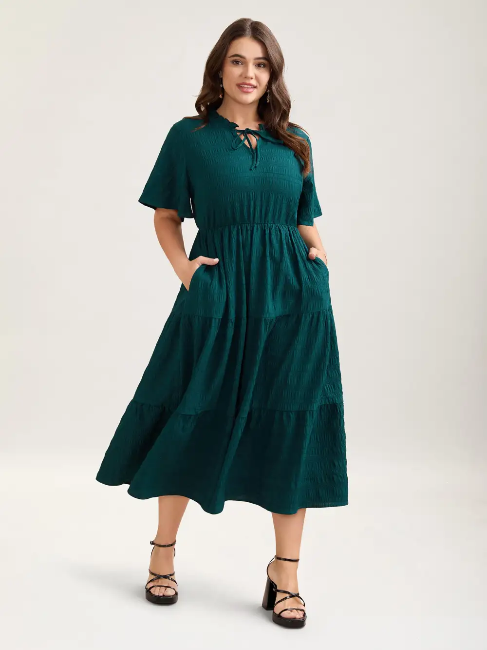 Stretchy Waist Frill Trim Pockets Midi Dress
