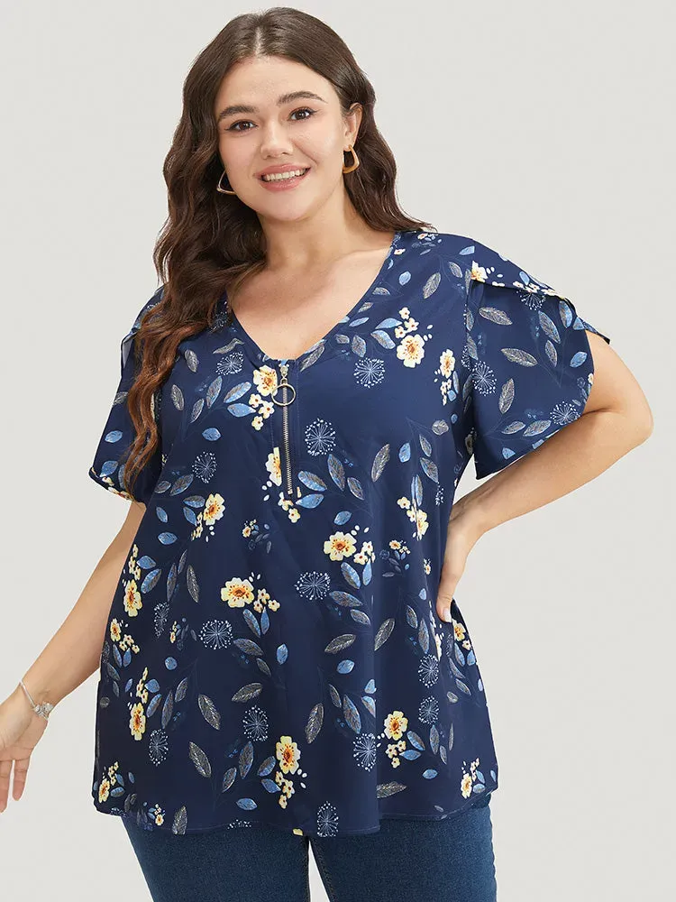 Floral O Ring Zipper Split Petal Sleeve Blouse