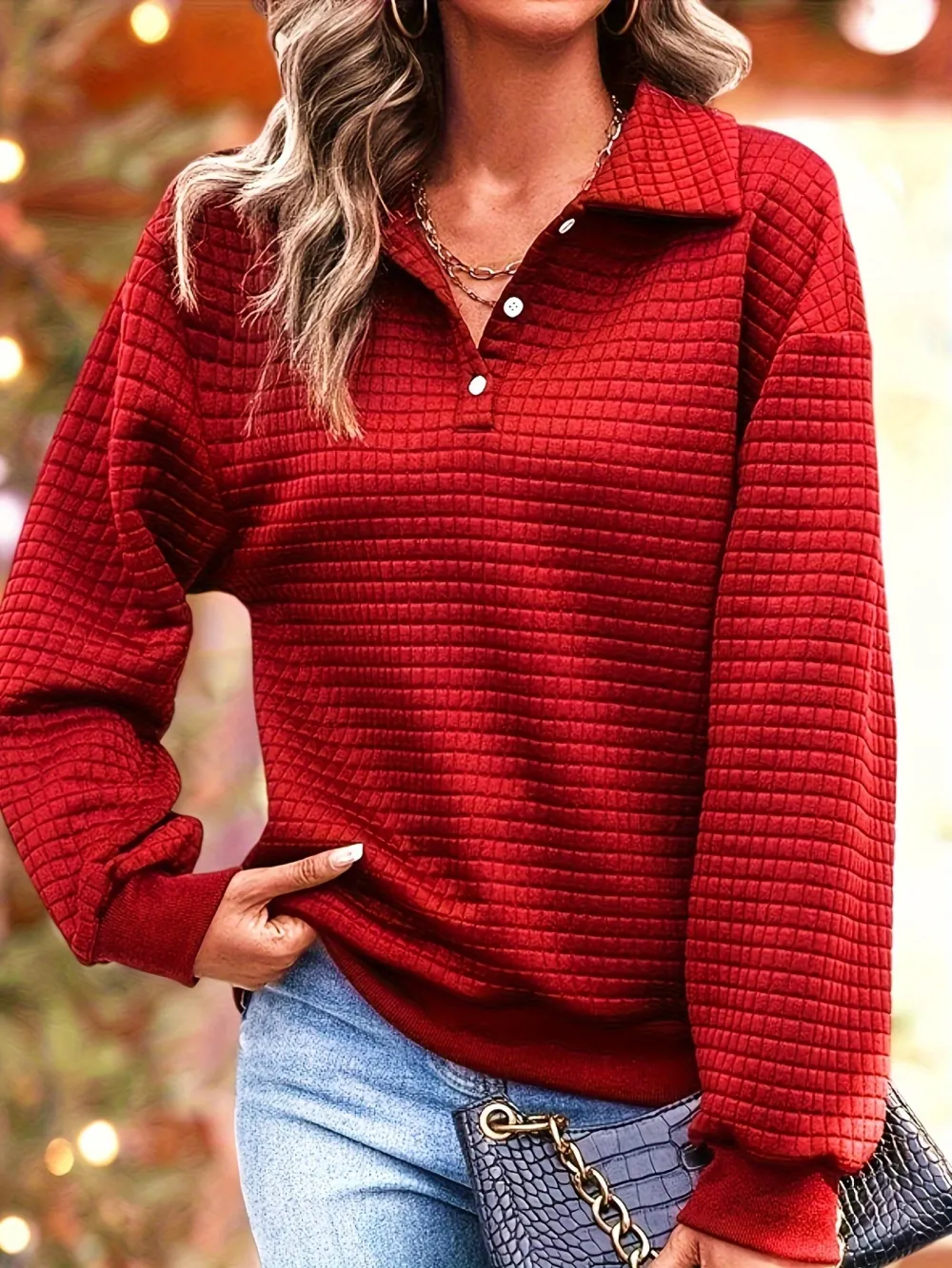 Cozy Waffle Knit Pullover Sweatshirt - Chic Quarter-Button, Lapel Collar, Long Sleeve - Perfect for Fall & Winter