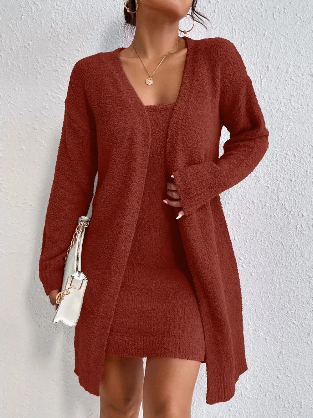 Solid Cami Sweater Dress & Drop Shoulder Cardigan
